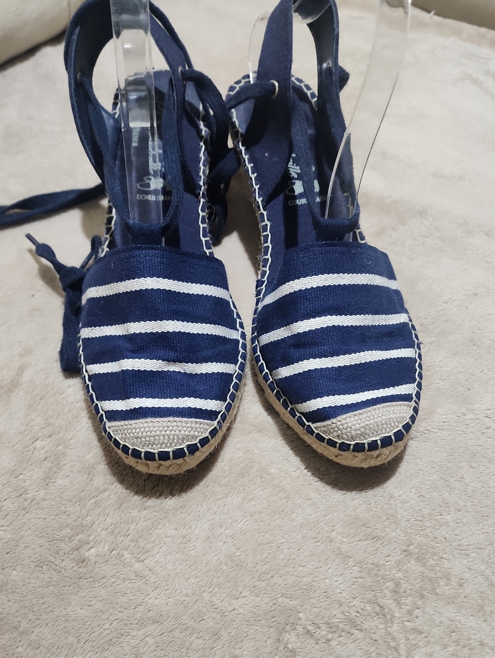 New Condition Navy Striped Espadrille Wedge Sandals with Ankle Tie - Picture 7 of 7